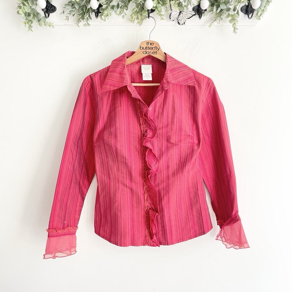 Garnet Hill 100% silk red Ruffled Long Sleeve Collared Semi formal Blouse Size 6